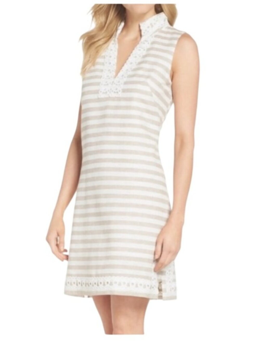 ELIZA J Dress New Size 10 Beige / White Stripe Linen Blend Sundress Sleeveless